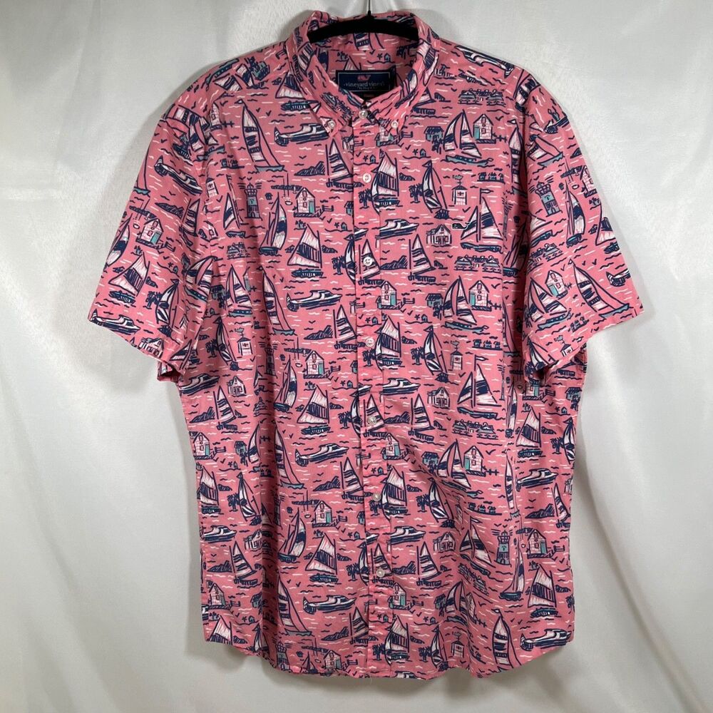 Vineyard Vines "Whale Shirt" 100% Cotton Pink Nautical Sketch Sailboat Size XL